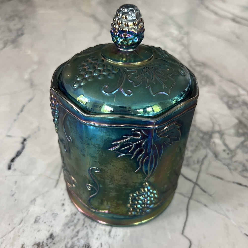 Carnival Glass, Vintage Blue‎ Biscuit Jar.  Harvest Grape Pattern 7"